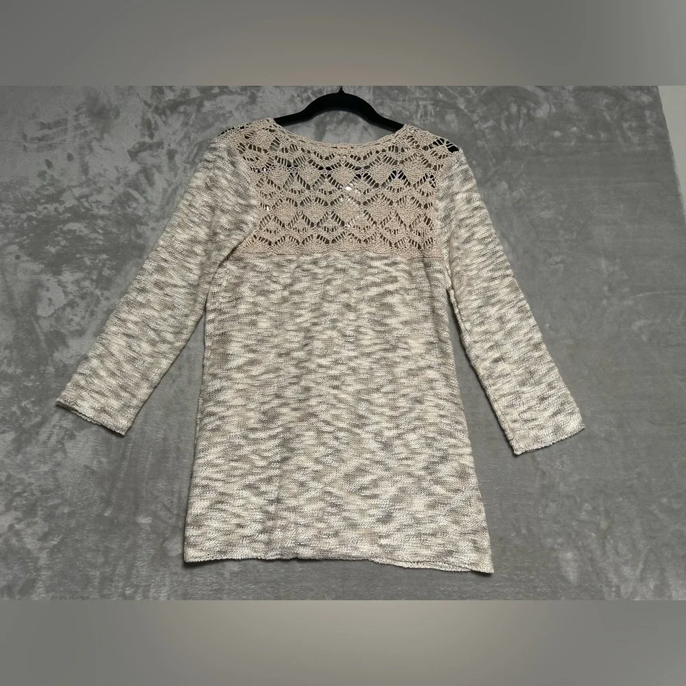 Dressbarn Crochet Knit Open Front Cardigan Women’s Medium Beige Boho Cottagecore